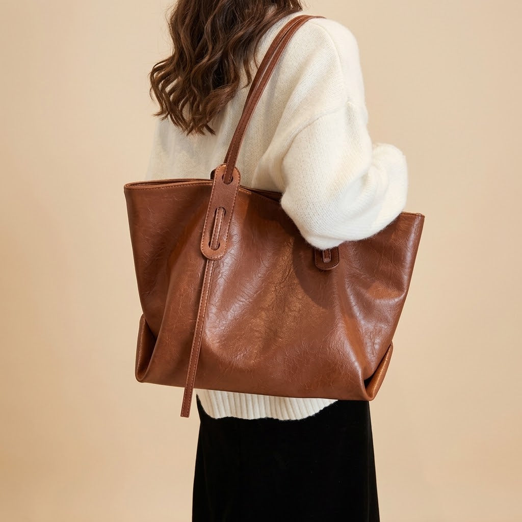 Bolso Tote de Hombro Grande de Mujer para el Trabajo, la Universidad y el Día a Día, con Costuras Decorativas en Polipiel