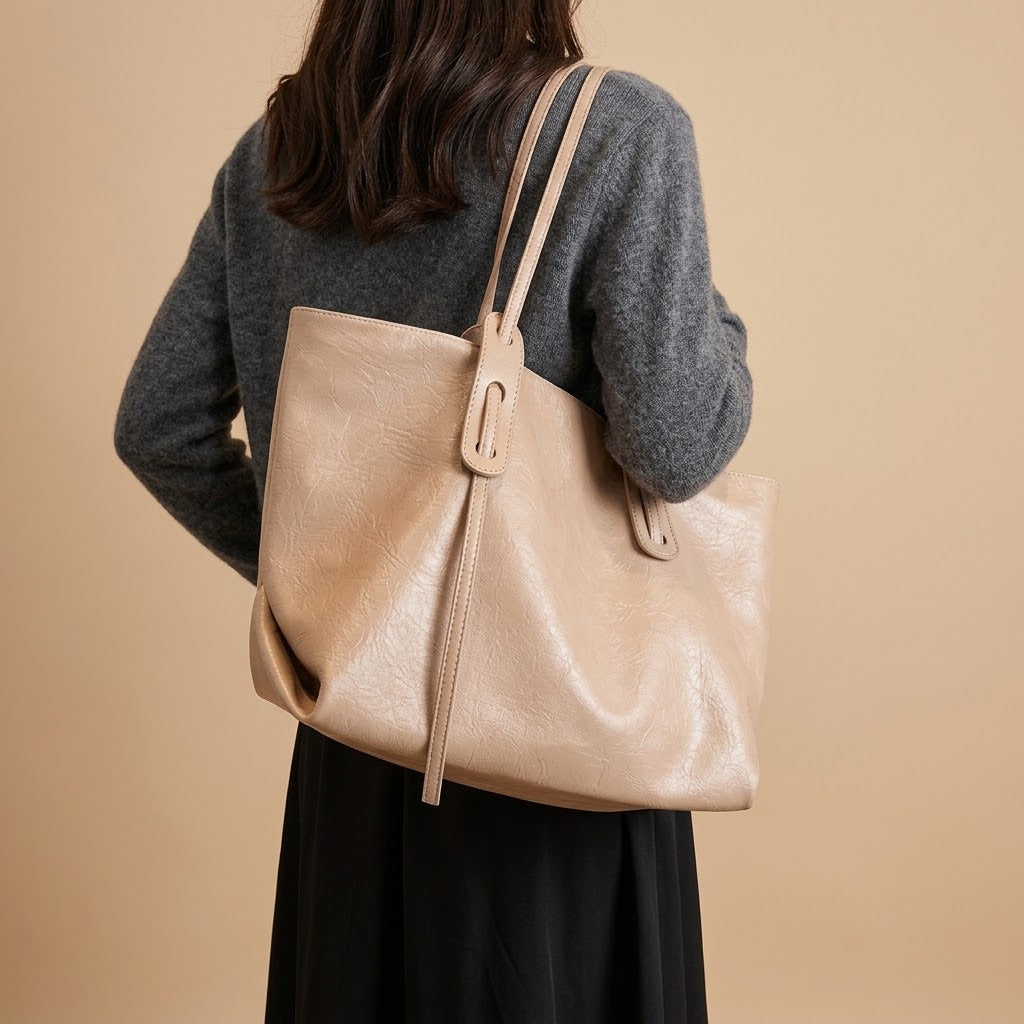 Bolso Tote de Hombro Grande de Mujer para el Trabajo, la Universidad y el Día a Día, con Costuras Decorativas en Polipiel