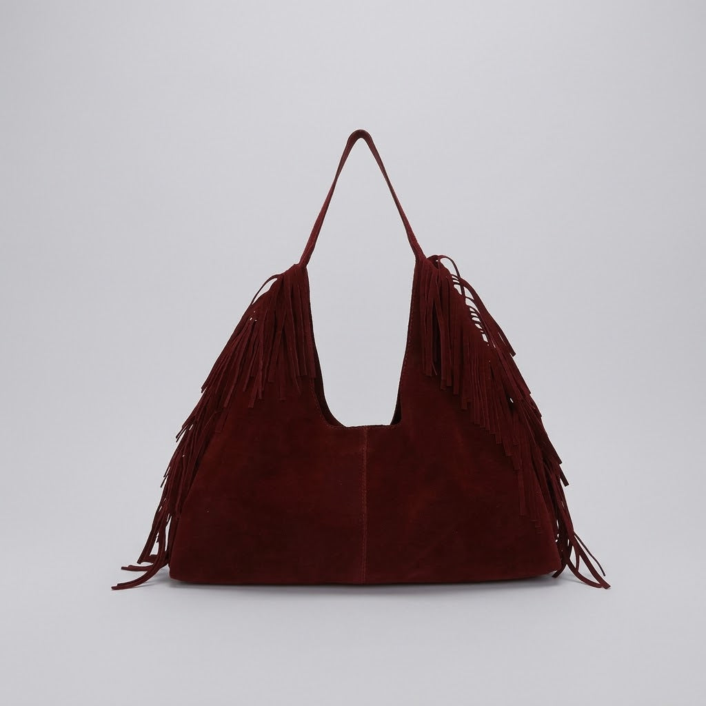 Bolso Tote de Hombro Grande de Mujer para el Trabajo, la Universidad y el Día a Día, con Flecos y Tachuelas en Ante