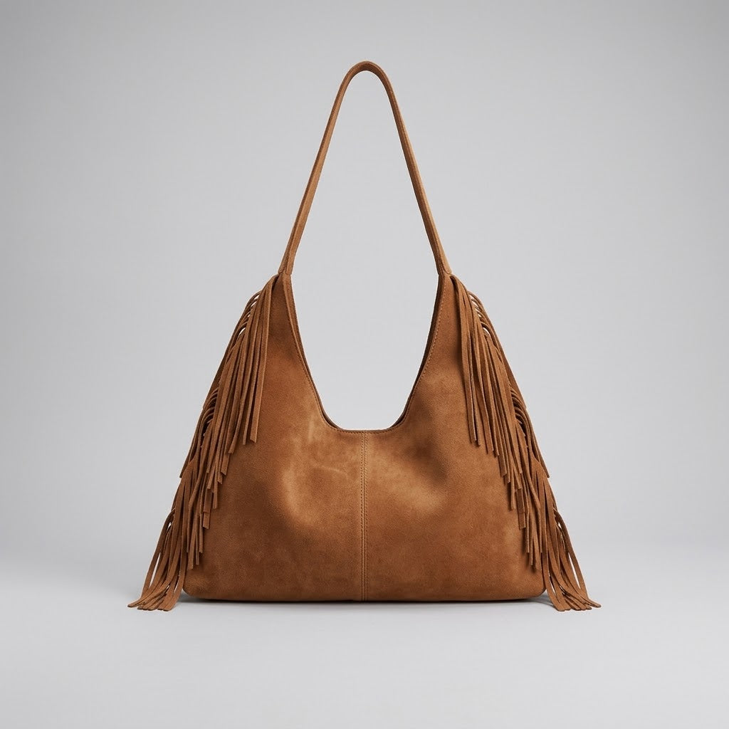 Bolso Tote de Hombro Grande de Mujer para el Trabajo, la Universidad y el Día a Día, con Flecos y Tachuelas en Ante