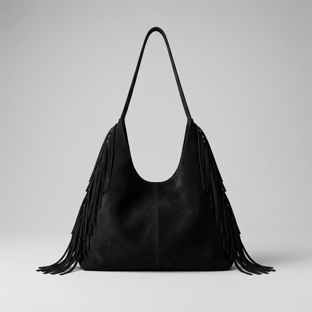 Bolso Tote de Hombro Grande de Mujer para el Trabajo, la Universidad y el Día a Día, con Flecos y Tachuelas en Ante