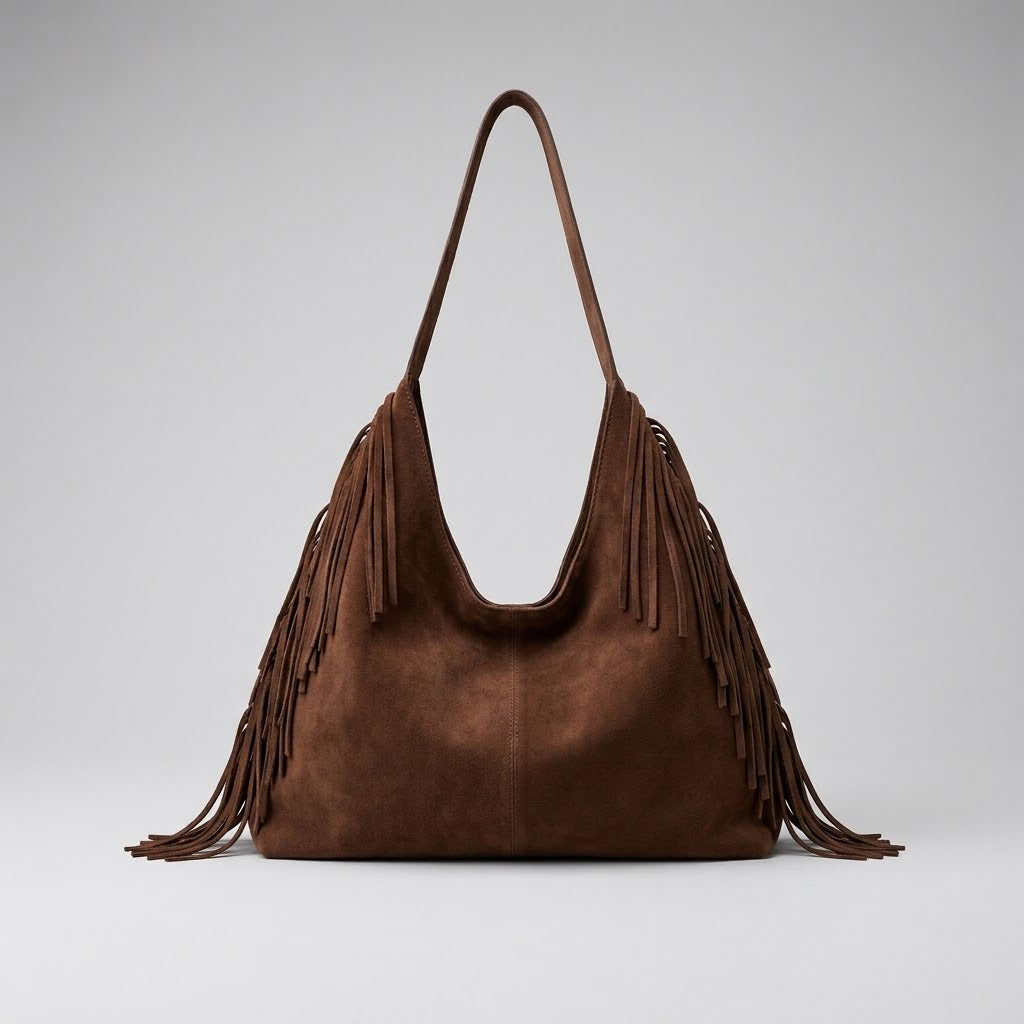 Bolso Tote de Hombro Grande de Mujer para el Trabajo, la Universidad y el Día a Día, con Flecos y Tachuelas en Ante