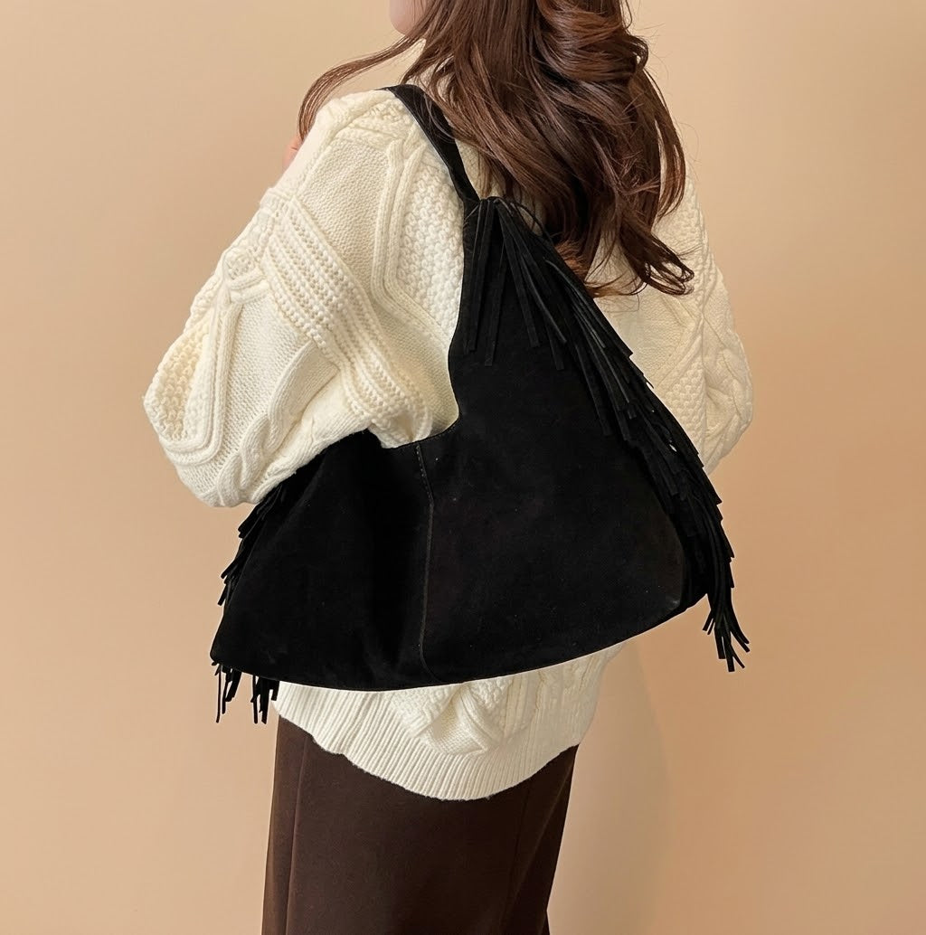 Bolso Tote de Hombro Grande de Mujer para el Trabajo, la Universidad y el Día a Día, con Flecos y Tachuelas en Ante