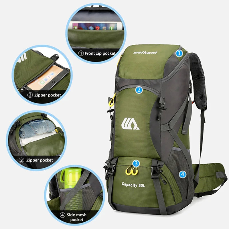 Mochila 50L Impermeable de Trekking y Viaje